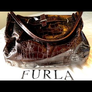 Furla large brown crocodile embossed shopper.